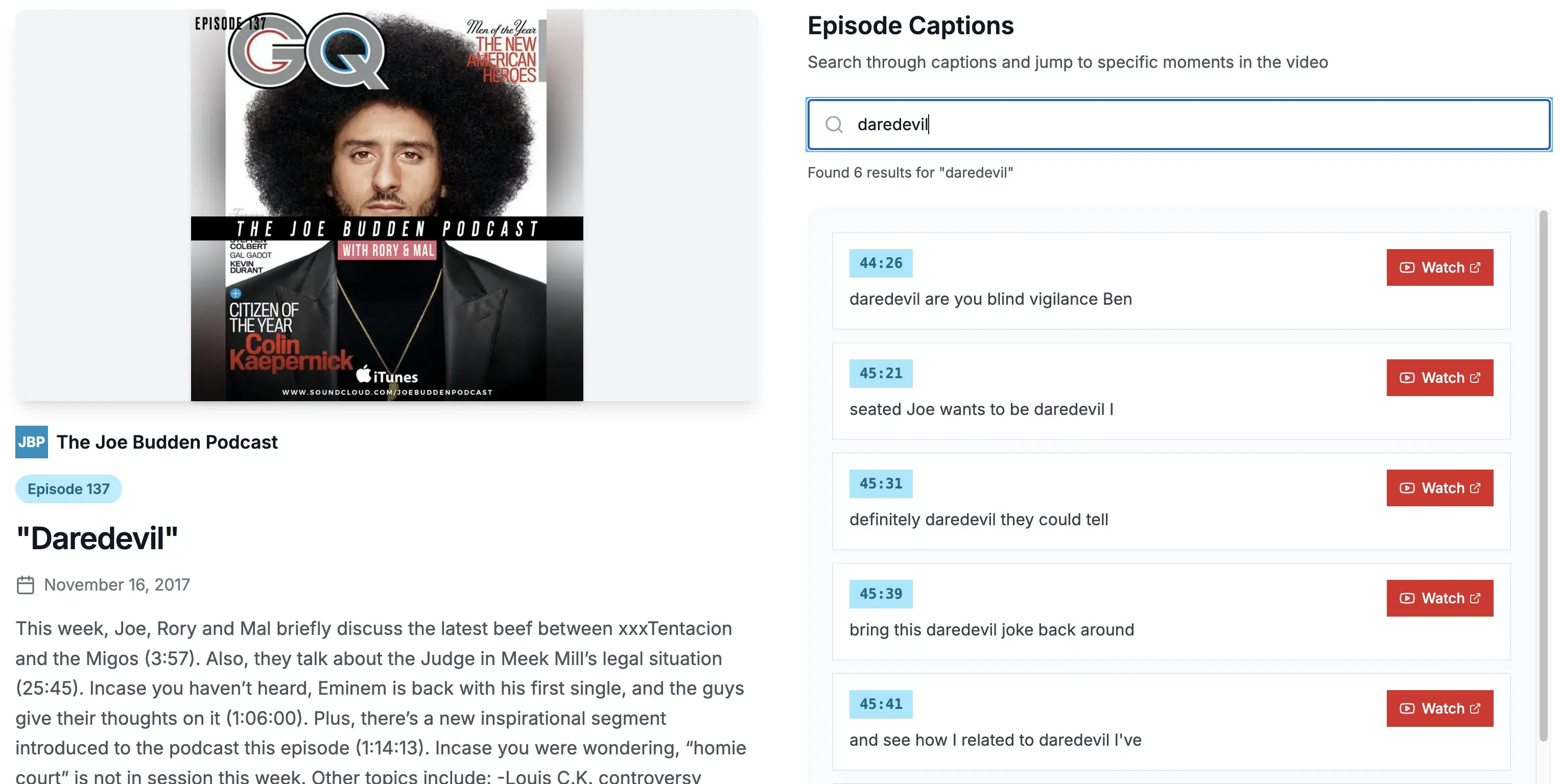 JBN App - Episode detail page with search functionality